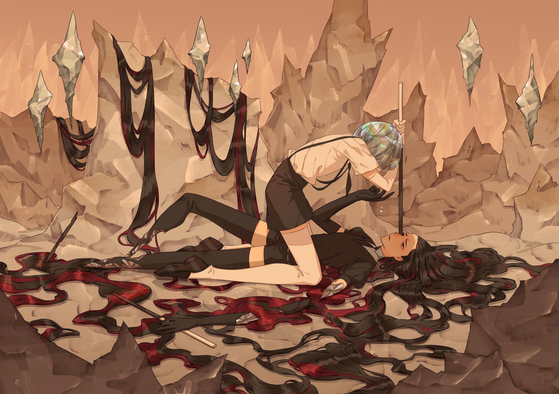 HD anime desktop wallpaper featuring Diamond and Bort from Land of the Lustrous in a dramatic scene set inside a rocky cave.