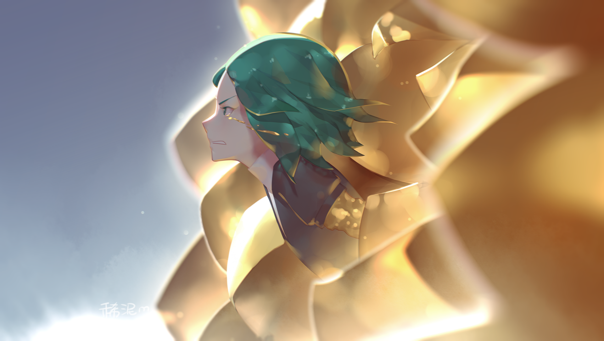 HD anime desktop wallpaper featuring Phosphophyllite from Land of the Lustrous with shimmering golden and blue tones, capturing the character's serene profile and crystalline aesthetic.