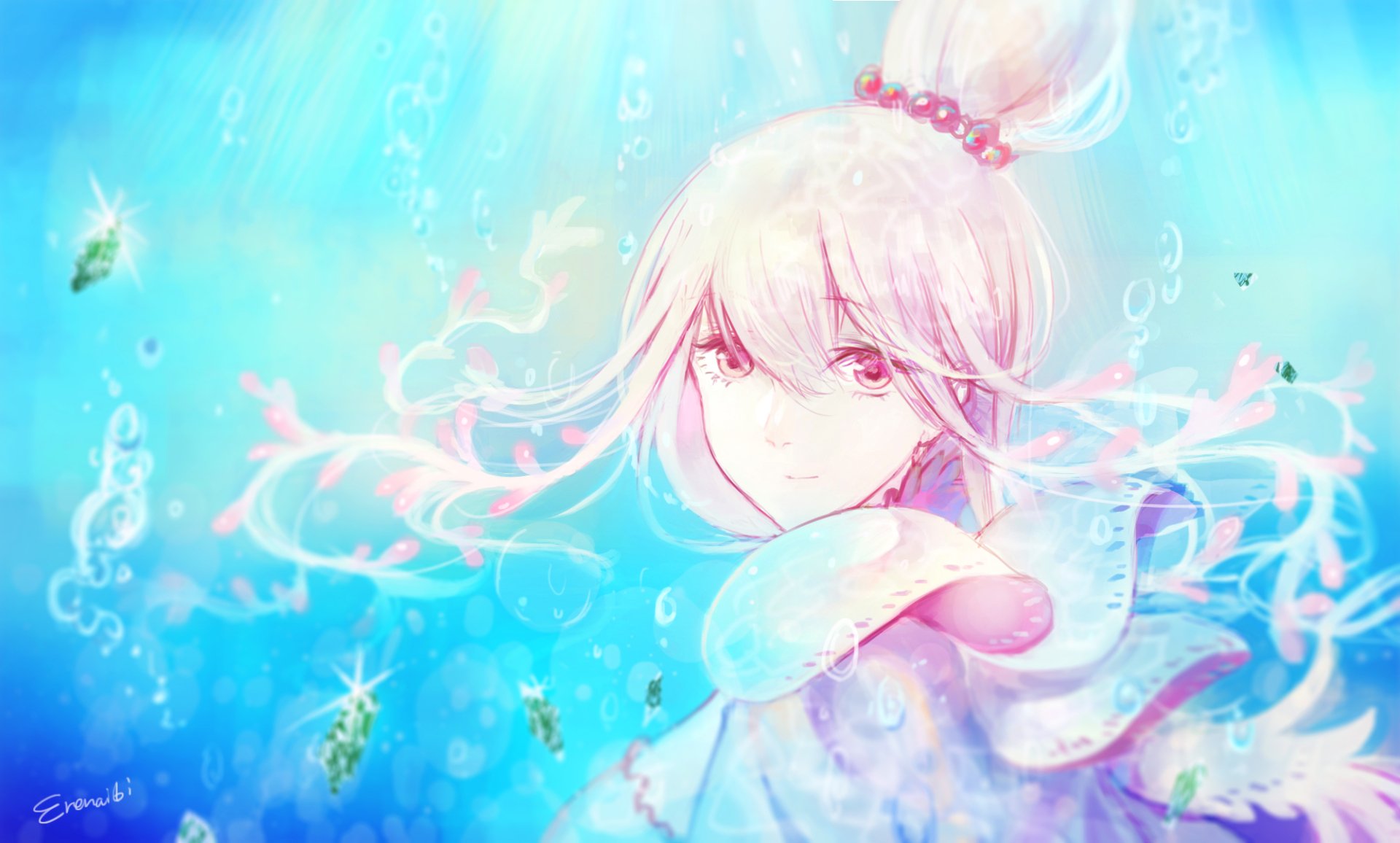HD PC desktop wallpaper featuring Wentricosus from the anime Land of the Lustrous, showcasing soft pastel colors and a serene underwater atmosphere.