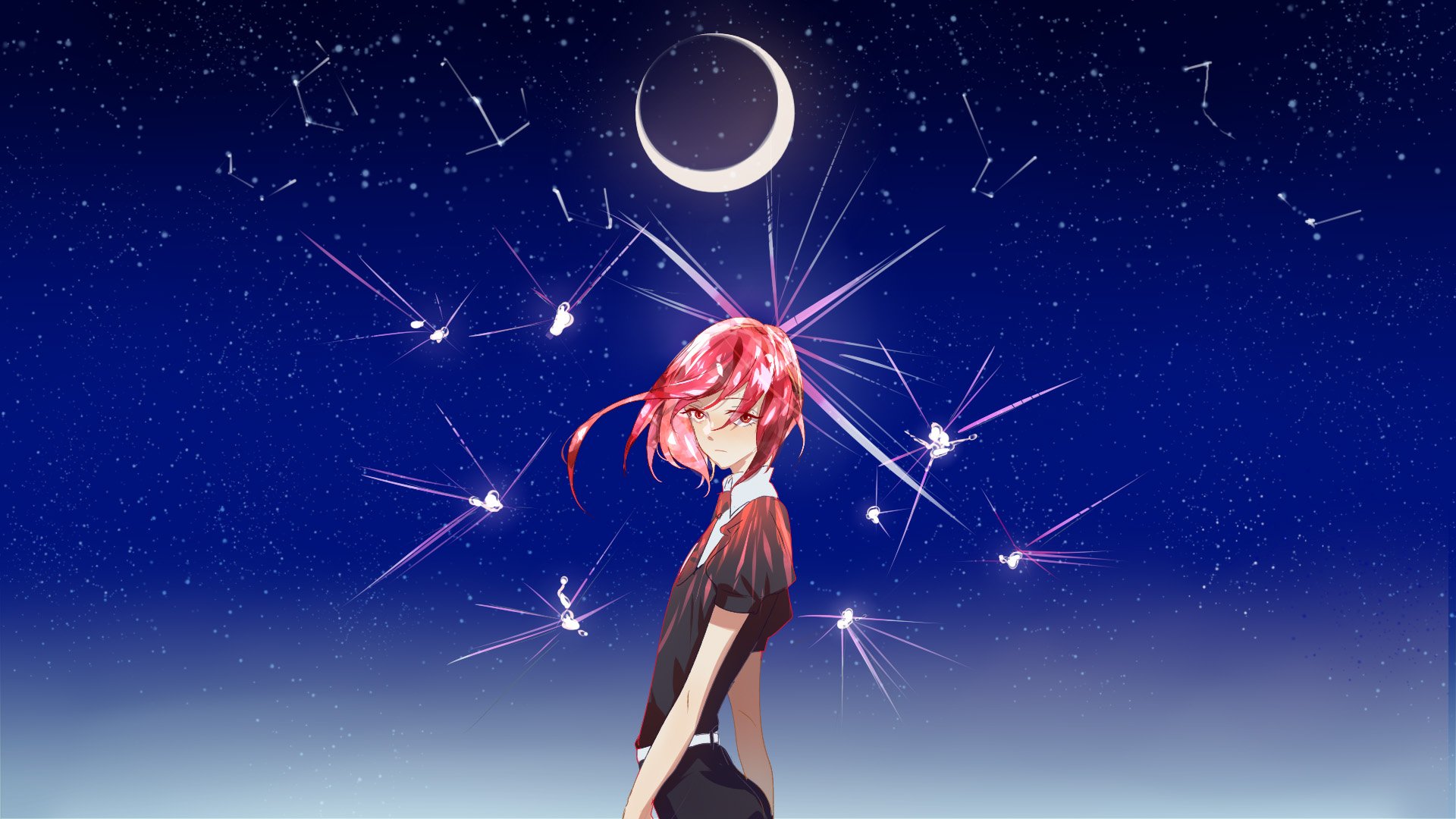 HD PC desktop wallpaper of Cinnabar from the anime Land of the Lustrous, featuring a starry night sky and crescent moon in a striking, polished art style.