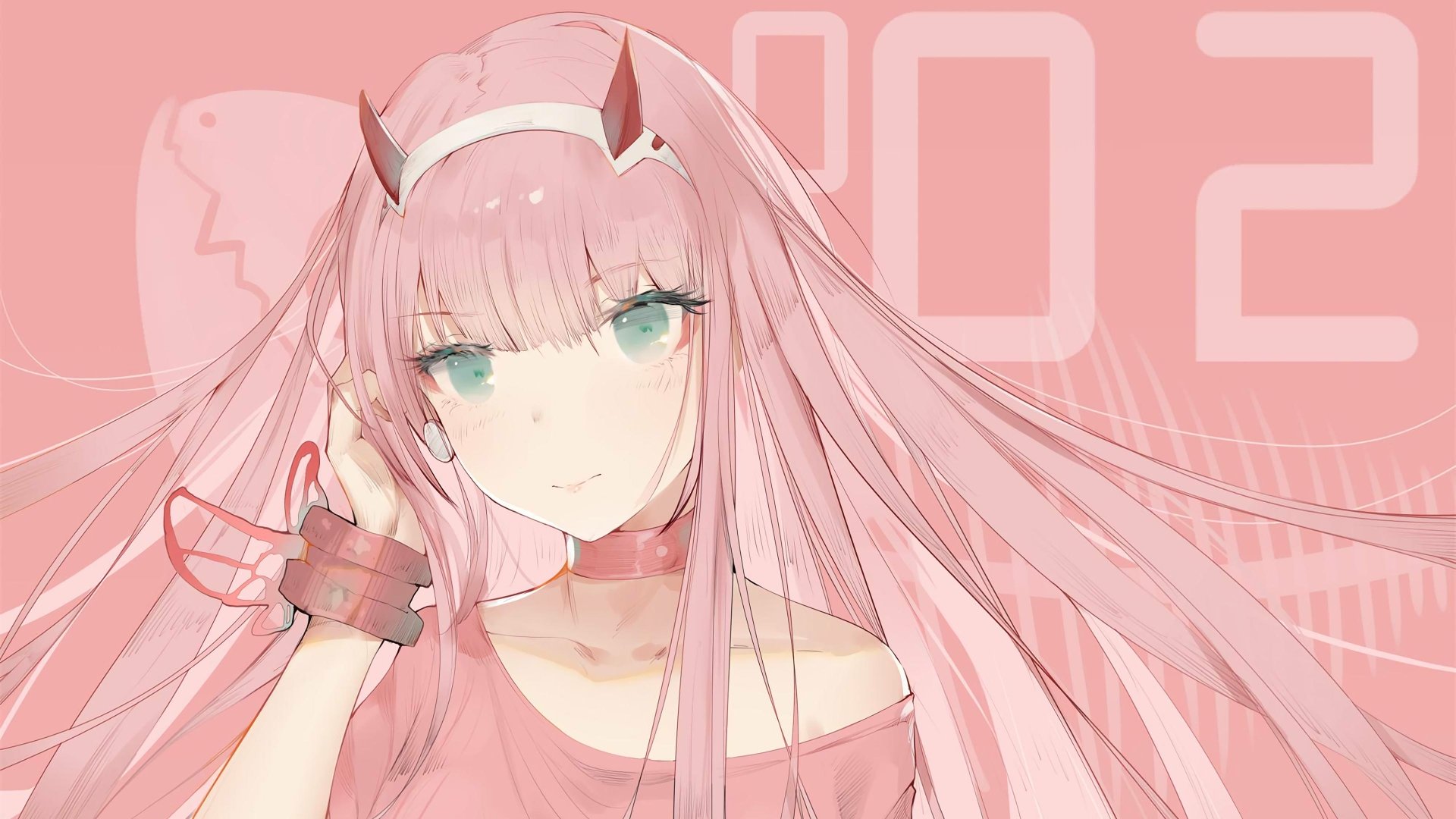 4K Ultra HD anime desktop wallpaper featuring Zero Two from Darling in the FranXX with pastel pink tones and a soft, detailed illustration style.