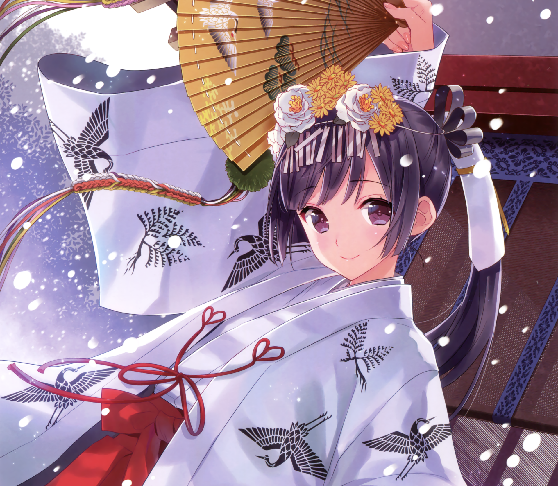 Anime-style image of a smiling miko with long black hair, brown eyes, and a floral headband, holding a fan amid gentle snowfall, designed as an HD PC desktop wallpaper.