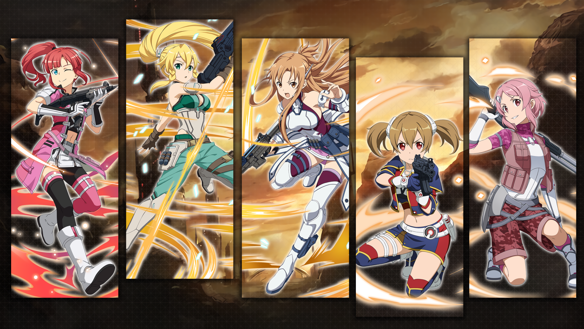 HD desktop wallpaper featuring characters from Sword Art Online Alternative: Gun Gale Online and Sword Art Online: Memory Defrag anime, showcasing a dynamic action scene with various protagonists holding weapons.