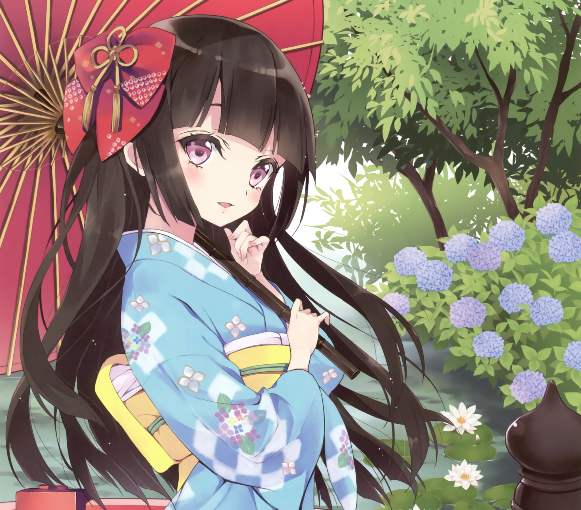 Original HD anime wallpaper: smiling long black-haired girl with brown eyes in a blue kimono, bow and carnation in her hair, holding a parasol amid a lush garden of hydrangeas.