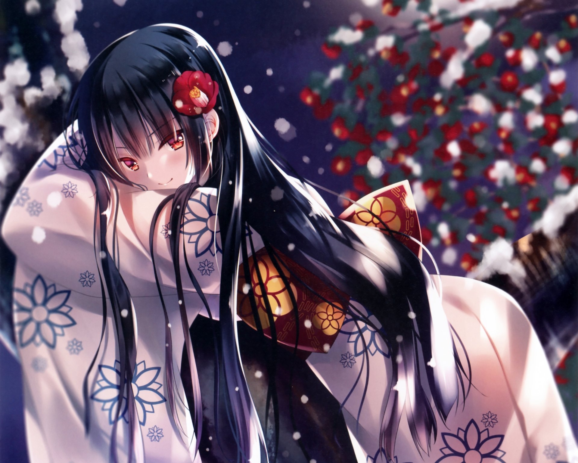 Anime character with yellow eyes, black long hair, and a flower is wearing a kimono in a snowy background. The character has a blush and a smile. The image serves as an HD desktop wallpaper.