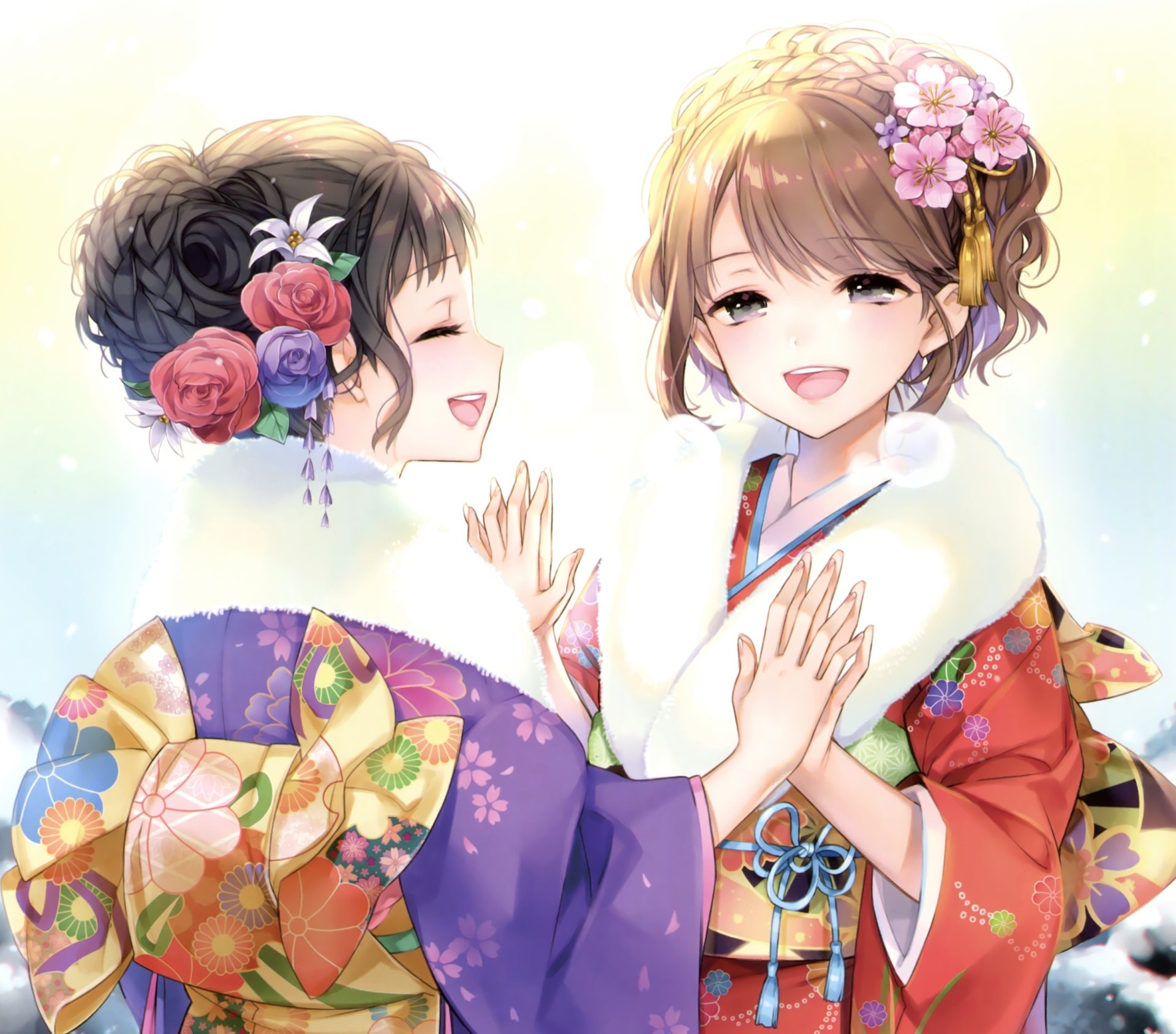 Anime-style HD desktop wallpaper featuring two smiling girls with long braided brown and black hair, wearing colorful kimonos adorned with flowers and blush accents.