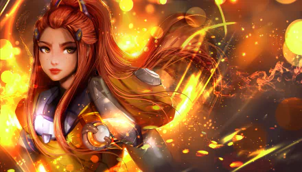 HD desktop wallpaper featuring Brigitte from Overwatch, depicted in a dynamic pose with fiery effects in the background.