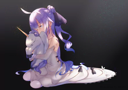 Anime-style HD desktop wallpaper featuring Unicorn from Azur Lane, depicted with long purple hair hugging a plush unicorn against a dark background.