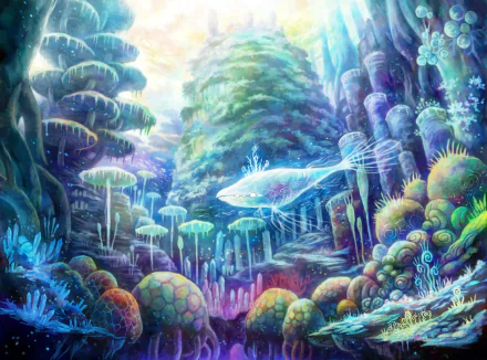 Anime-style fantasy underwater scene featuring a glowing whale swimming through a vibrant, lush sea landscape, designed as an HD PC desktop wallpaper.