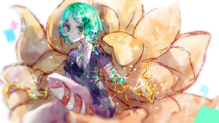 HD desktop wallpaper featuring Phosphophyllite from the anime Land of the Lustrous, showcasing vibrant colors and intricate details in a dynamic pose.