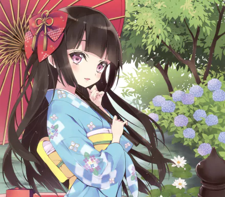 Original HD anime wallpaper: smiling long black-haired girl with brown eyes in a blue kimono, bow and carnation in her hair, holding a parasol amid a lush garden of hydrangeas.