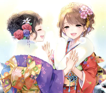Anime-style HD desktop wallpaper featuring two smiling girls with long braided brown and black hair, wearing colorful kimonos adorned with flowers and blush accents.