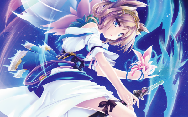Anime Original Sword Flower Long Hair Brown Hair Blue Eyes bow HD Wallpaper | Background Image
