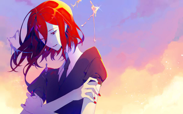 HD PC desktop wallpaper featuring Cinnabar from the anime Land of the Lustrous, depicted with flowing hair against a vibrant, colorful sky background.