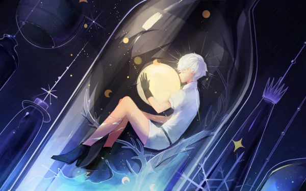 HD anime desktop wallpaper featuring Antarcticite from Land of the Lustrous, holding a glowing orb amidst a cosmic, star-filled background.