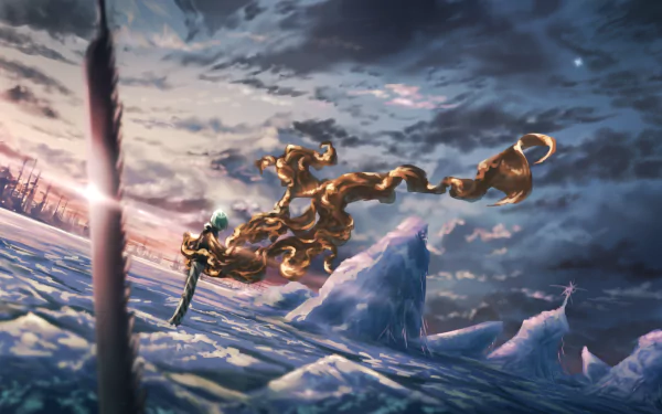 HD desktop wallpaper featuring Phosphophyllite from Land of the Lustrous, standing amidst an icy landscape with a dramatic sky overhead.