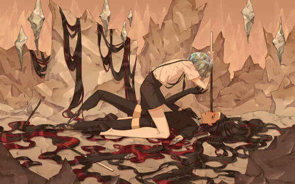 HD anime desktop wallpaper featuring Diamond and Bort from Land of the Lustrous in a dramatic scene set inside a rocky cave.