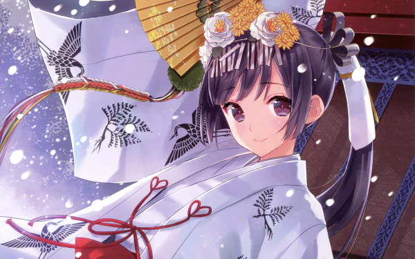 Anime-style image of a smiling miko with long black hair, brown eyes, and a floral headband, holding a fan amid gentle snowfall, designed as an HD PC desktop wallpaper.