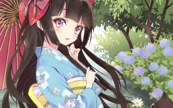 Anime Original Long Hair Parasol Black Hair Smile Kimono Carnation Brown Eyes bow HD Wallpaper | Background Image
