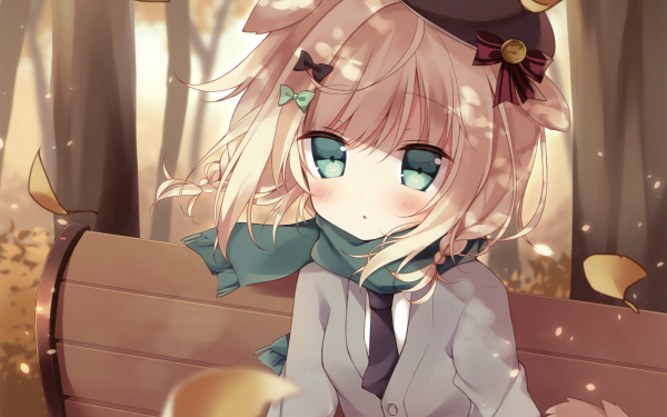Anime Original Short Hair Brown Hair Tail Hat Tie Scarf Braid Green Eyes Blush bow HD Wallpaper | Background Image