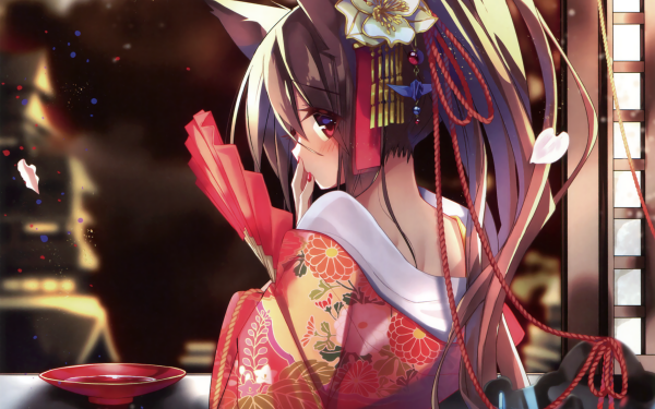 Anime Original Long Hair Kimono Ponytail Brown Hair Brown Eyes Flower Fan Blush HD Wallpaper | Background Image