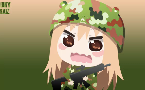 HD anime desktop wallpaper featuring Umaru Doma from Himouto! Umaru-chan, depicted in chibi style wearing camouflage and holding a rifle.