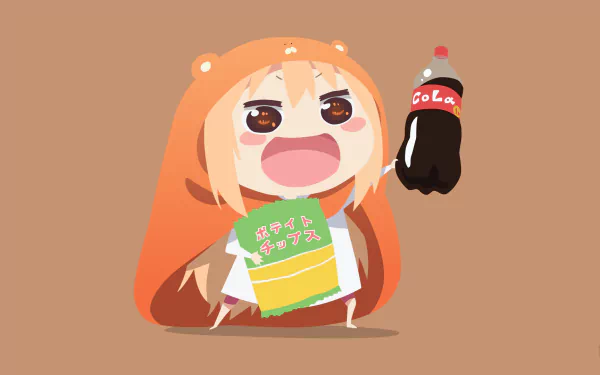 HD PC desktop wallpaper featuring Umaru Doma from the anime Himouto! Umaru-chan, holding snacks and a bottle of cola against a plain brown background.