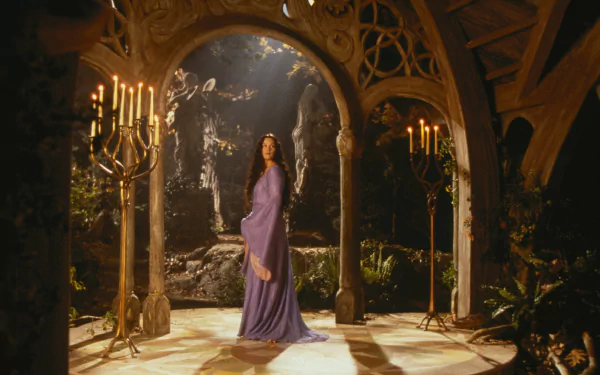 HD PC desktop wallpaper featuring Liv Tyler as Arwen Evenstar from the movie The Lord of the Rings: The Fellowship of the Ring, in an elegant, candlelit elven setting.