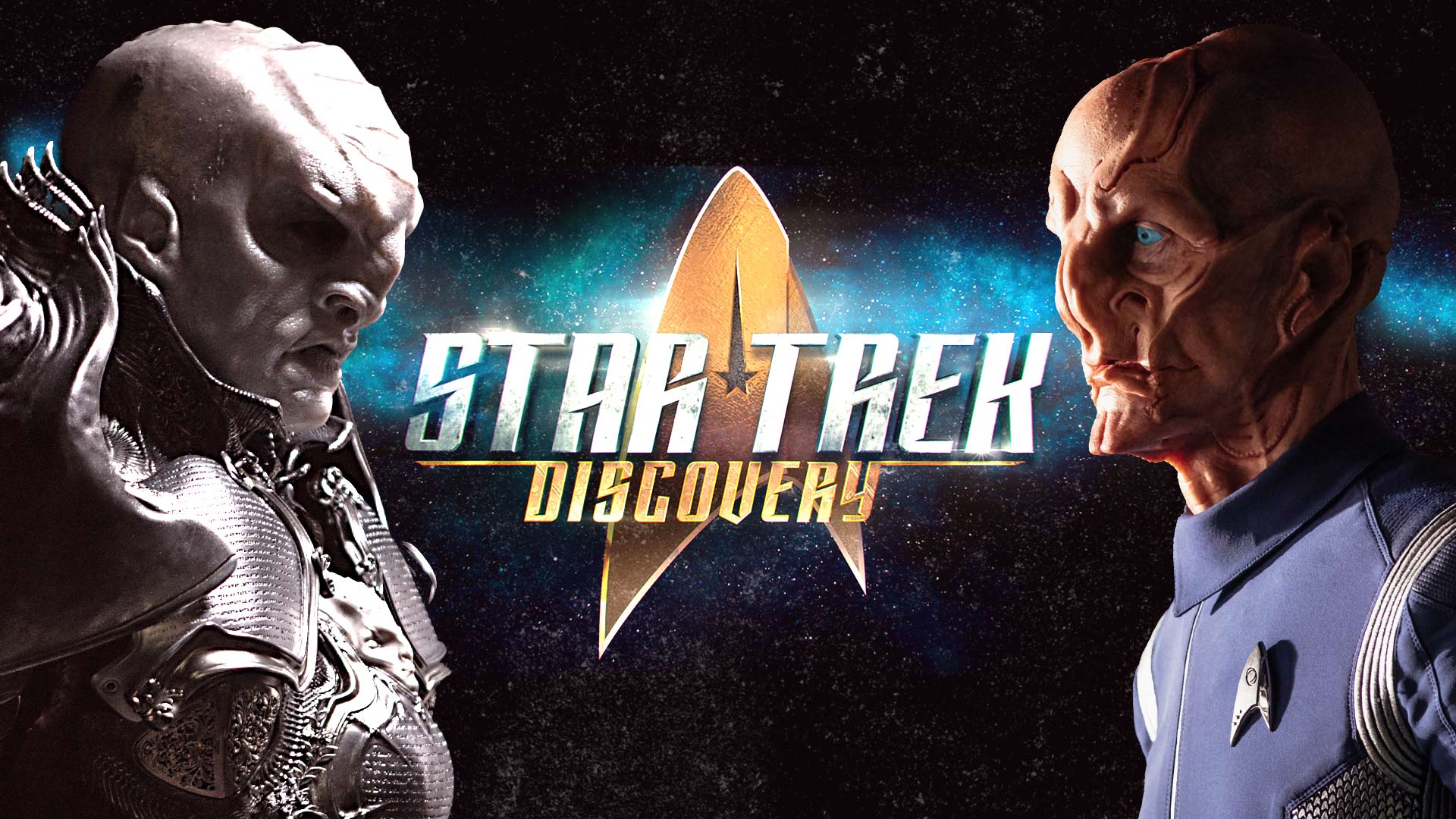 HD wallpaper featuring an alien and a Starfleet officer from the sci-fi series Star Trek: Discovery.
