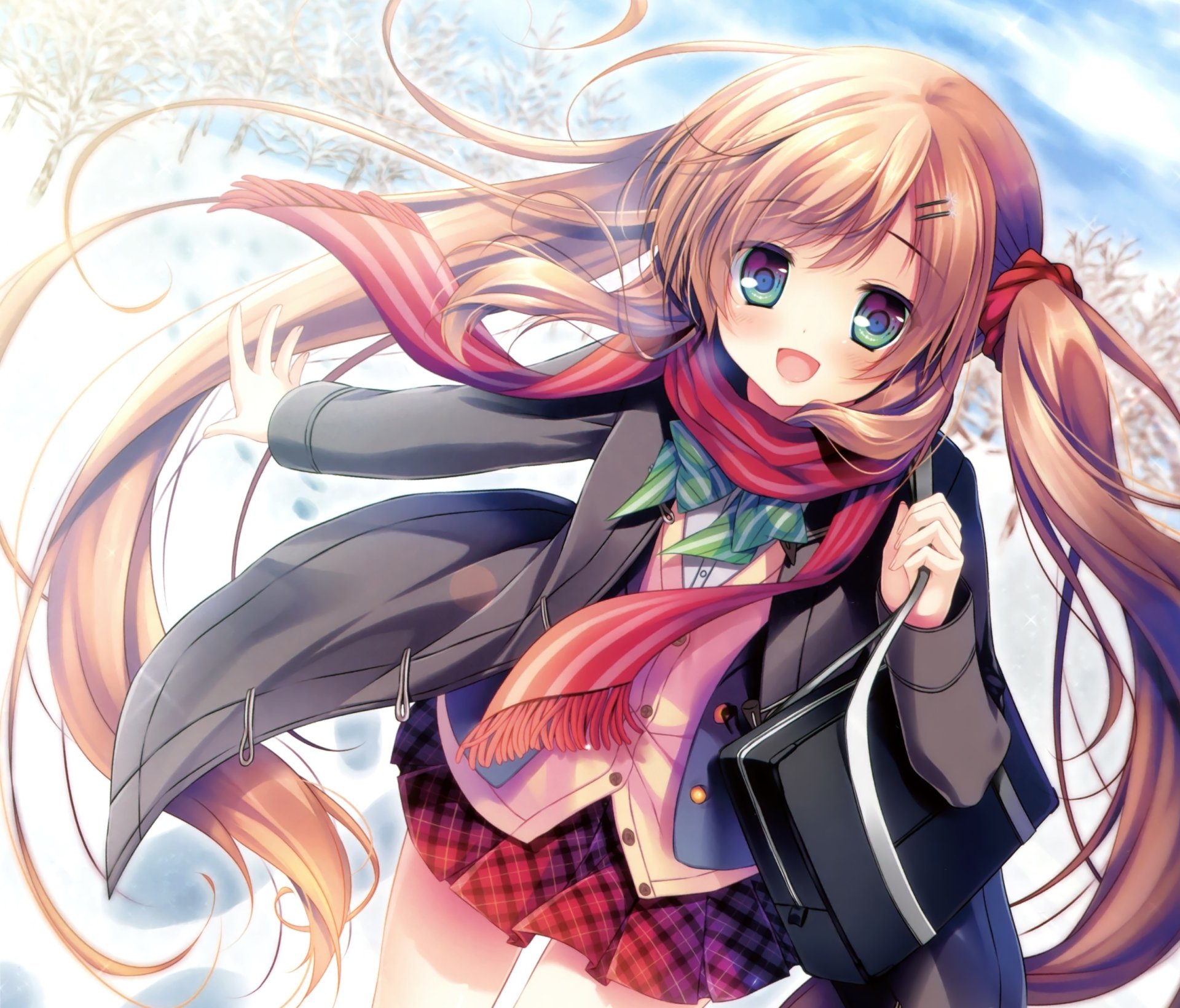 Download Blush Bow (Clothing) Bag Scarf Smile Green Eyes Brown Hair Twintails Long Hair Anime Original HD Wallpaper by 佑真
