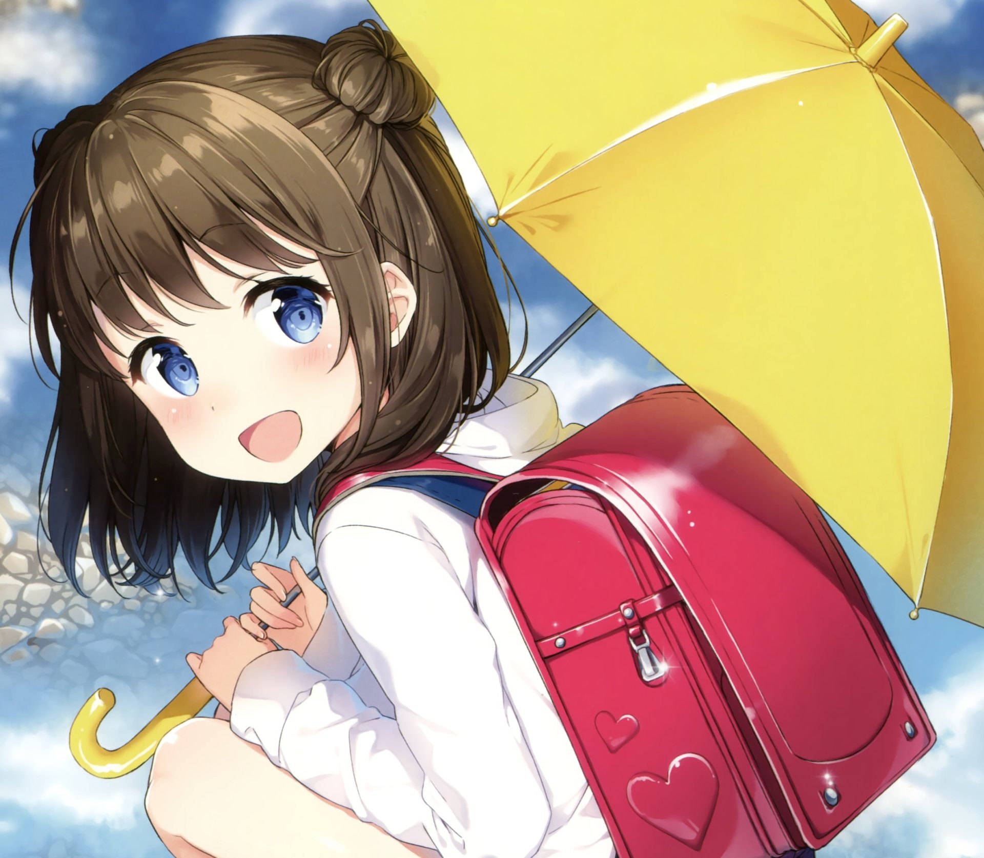 Download Blush Smile Bag Blue Eyes Brown Hair Short Hair Umbrella Anime Original HD Wallpaper by Masuishi Kinoto