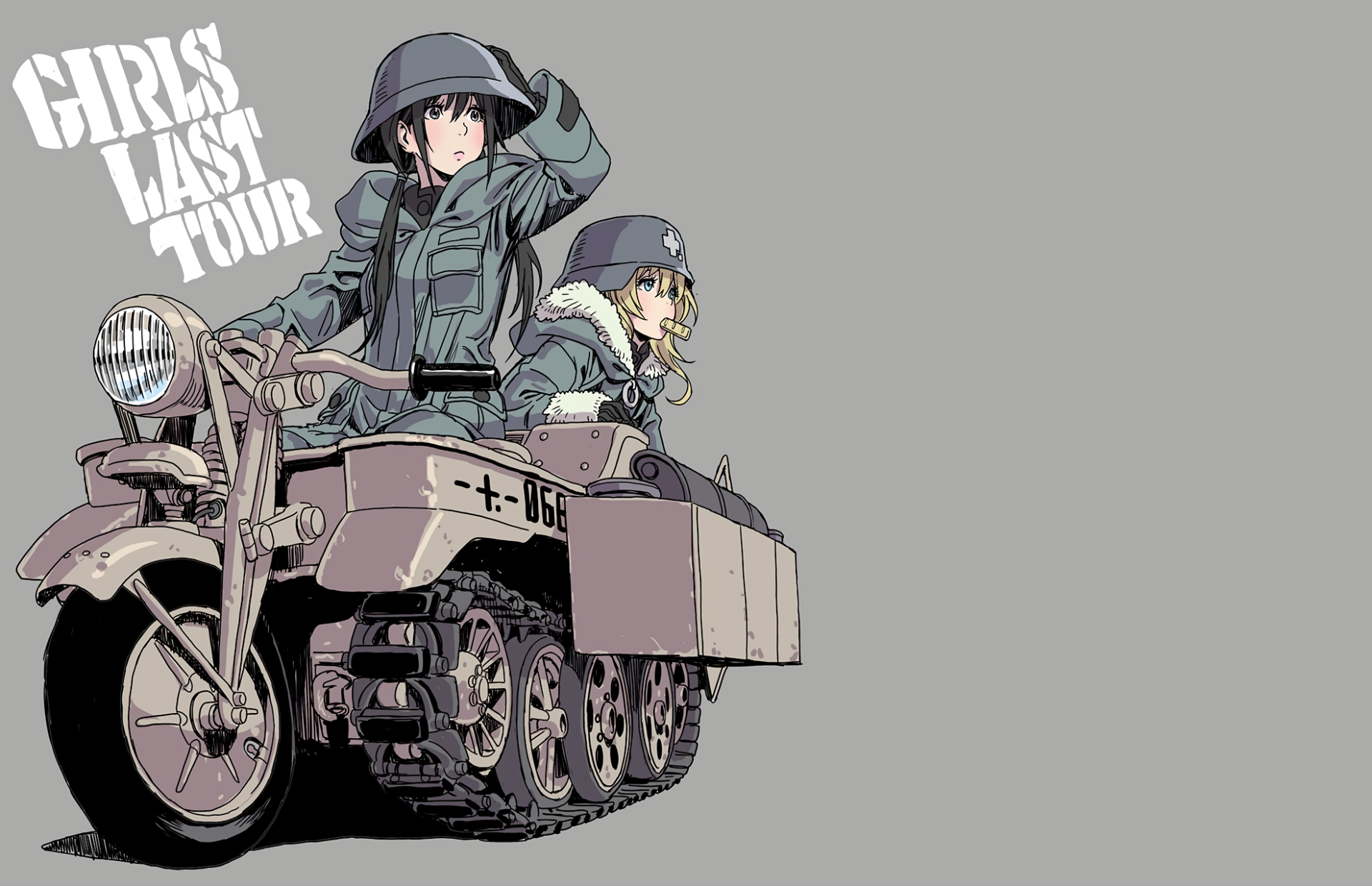 HD PC desktop wallpaper featuring Yuuri and Chito from the anime Girls' Last Tour, depicted riding their powered vehicle with the series title in bold white text.