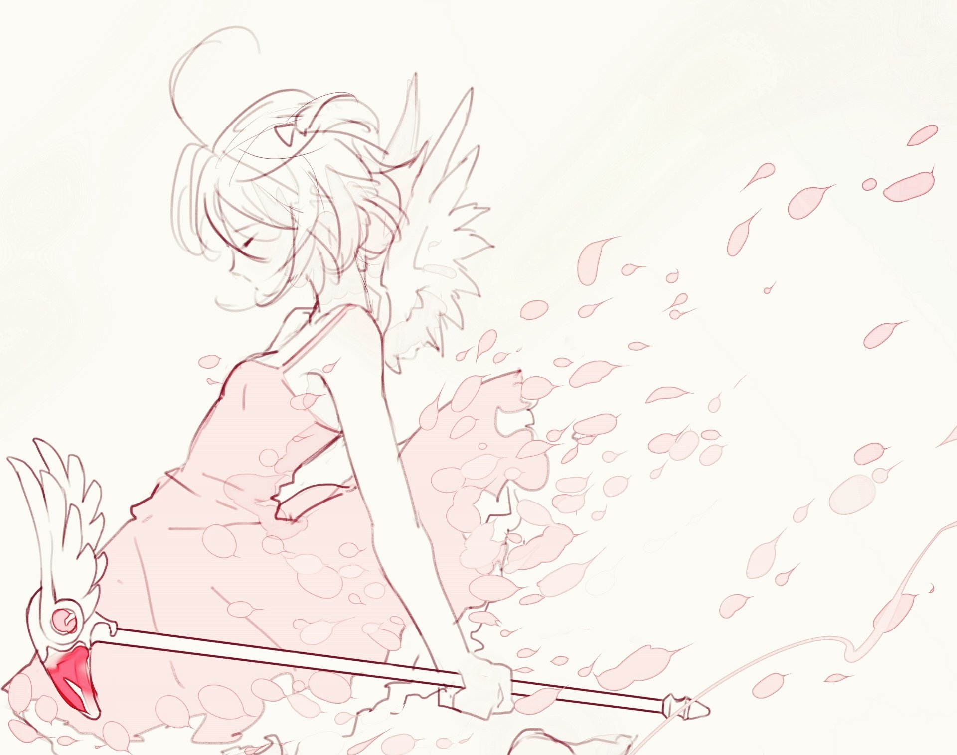 Sketch-style pink line art of Sakura Kinomoto from Cardcaptor Sakura, floating with winged staff and drifting petals — 2K Quad HD PC desktop wallpaper/background.