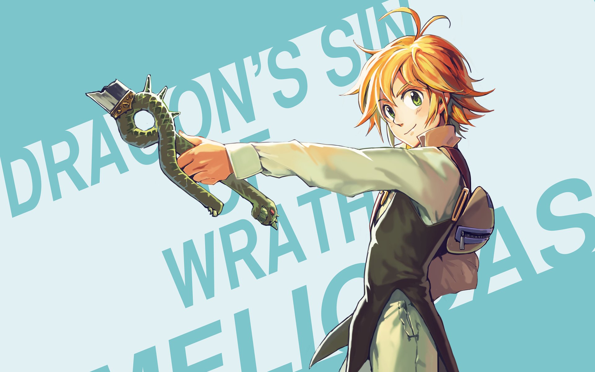 HD wallpaper featuring Meliodas from the anime The Seven Deadly Sins, with bold text in the background including Dragon's Sin, Wrath, and Meliodas.