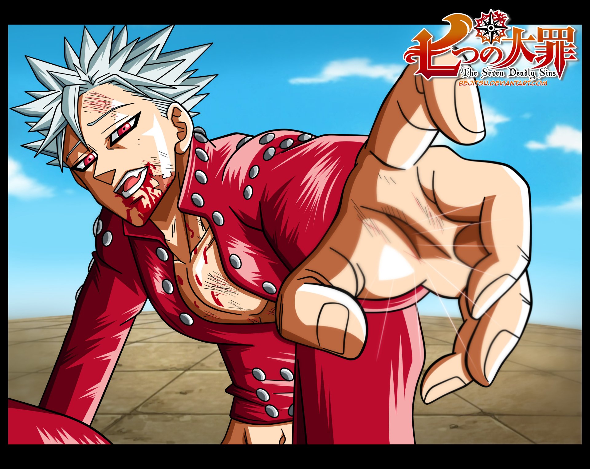 HD desktop wallpaper featuring Ban from the anime The Seven Deadly Sins. Ban is shown wearing a red jacket, reaching out with a determined expression against a blue sky and arena backdrop.