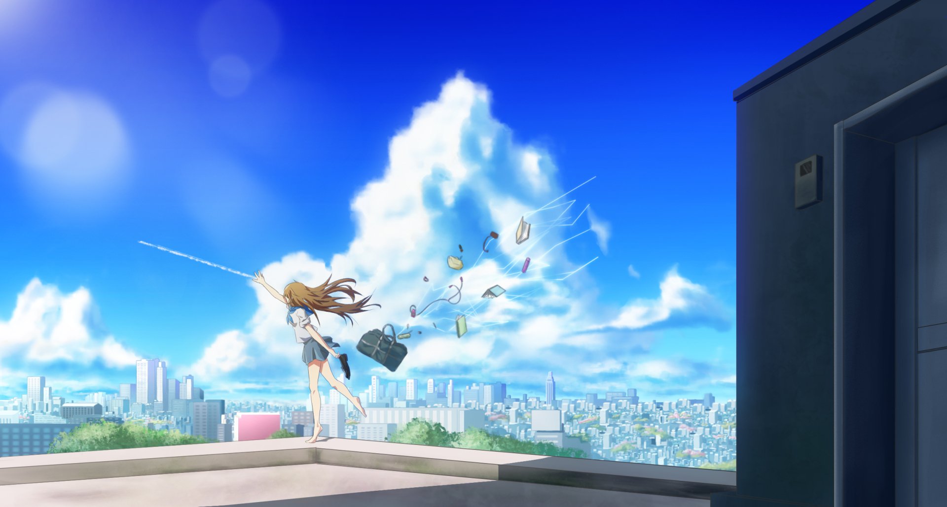 HD fantasy anime wallpaper featuring a schoolgirl in a school uniform standing on a rooftop, set against a vibrant cityscape and bright blue sky with dramatic clouds.