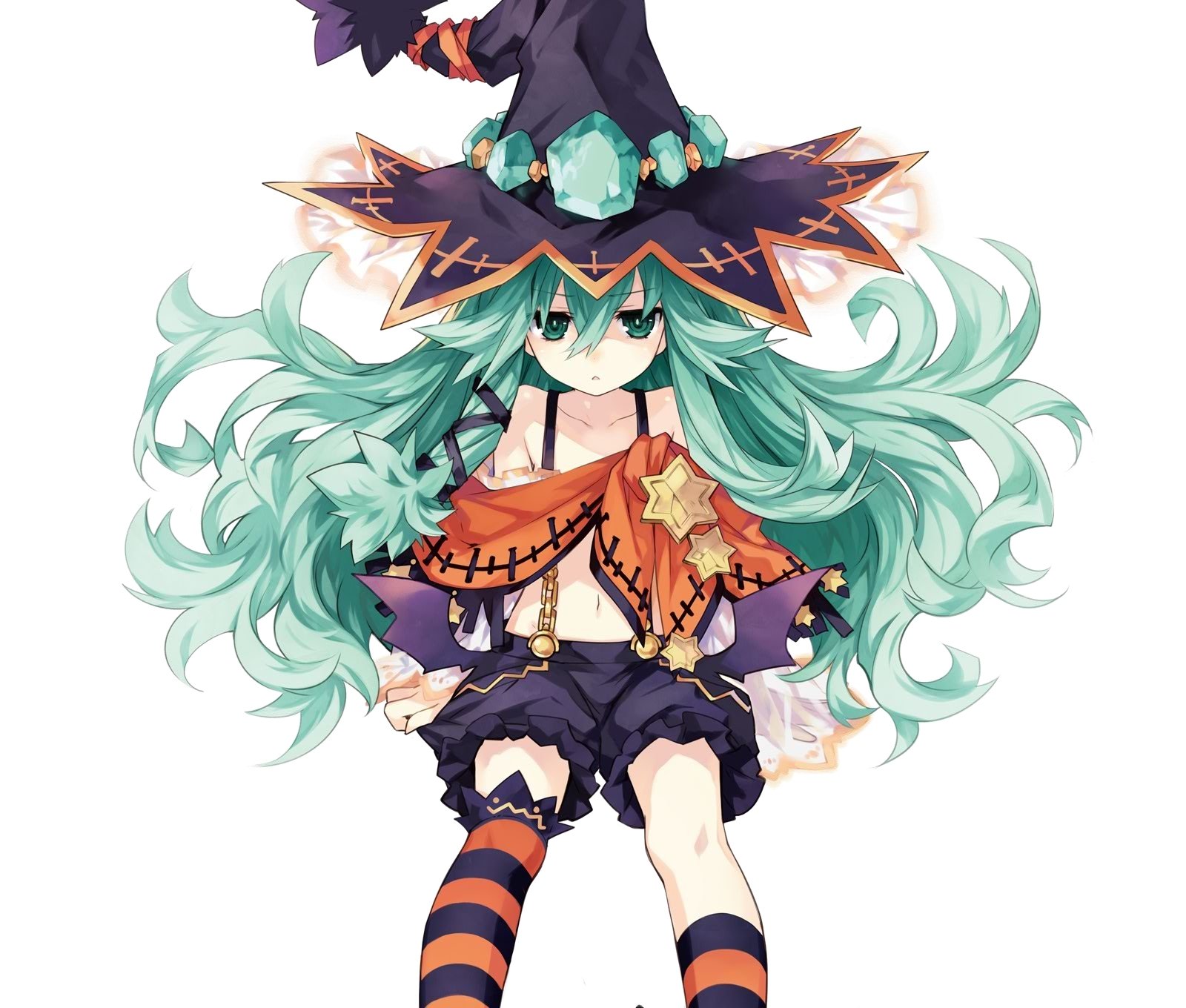 HD desktop wallpaper of Natsumi from Date A Live anime, featuring her in a detailed and colorful outfit with green flowing hair and a large hat.