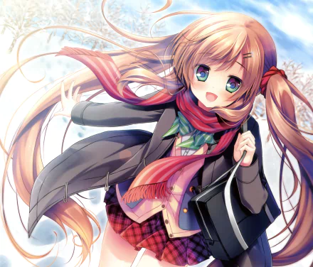blush bow (Clothing) bag scarf smile green eyes brown hair twintails long hair Anime Original HD Desktop Wallpaper | Background Image