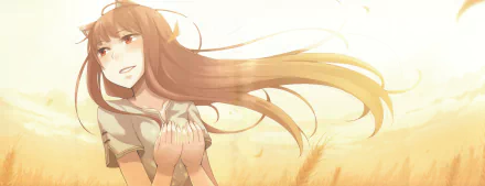 Holo (Spice & Wolf) anime portrait: smiling with long flowing hair in a golden wheat field — 2K Quad HD PC desktop wallpaper/background.