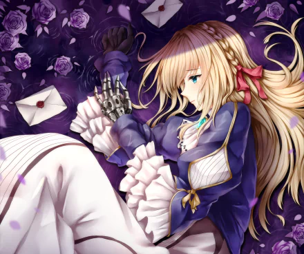 HD PC desktop wallpaper featuring anime character Violet Evergarden reclining among purple roses, clutching a letter with her automail hand.