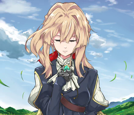 Anime HD PC desktop wallpaper featuring Violet Evergarden with closed eyes, holding a glowing blue gem, set against a bright sky background.