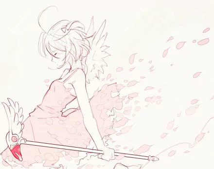 Sketch-style pink line art of Sakura Kinomoto from Cardcaptor Sakura, floating with winged staff and drifting petals — 2K Quad HD PC desktop wallpaper/background.