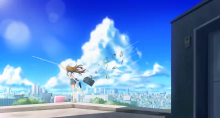 HD fantasy anime wallpaper featuring a schoolgirl in a school uniform standing on a rooftop, set against a vibrant cityscape and bright blue sky with dramatic clouds.