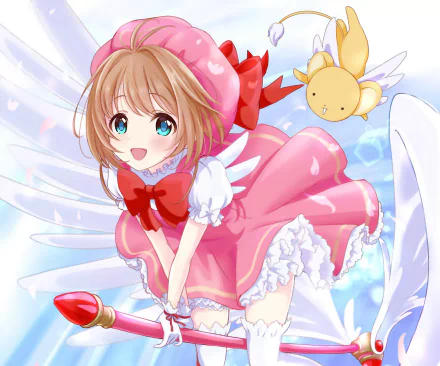 HD PC desktop wallpaper of Sakura Kinomoto and Keroberos from the anime Cardcaptor Sakura — cheerful Sakura in pink dress with wings, Keroberos hovering nearby.