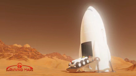 HD desktop wallpaper of Surviving Mars featuring a spacecraft on the Martian surface with mountains in the background.