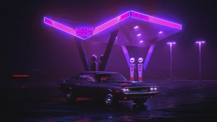 A purple retro wave scene featuring a classic car parked at a neon-lit gas station at night. This HD desktop wallpaper and background exudes an artistic, nostalgic vibe.