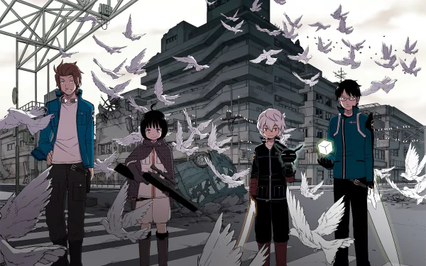 HD wallpaper of Osamu Mikumo, Yūma Kuga, Chika Amatori, and Yūichi Jin from the anime World Trigger. The characters stand in front of an urban background with birds flying around.