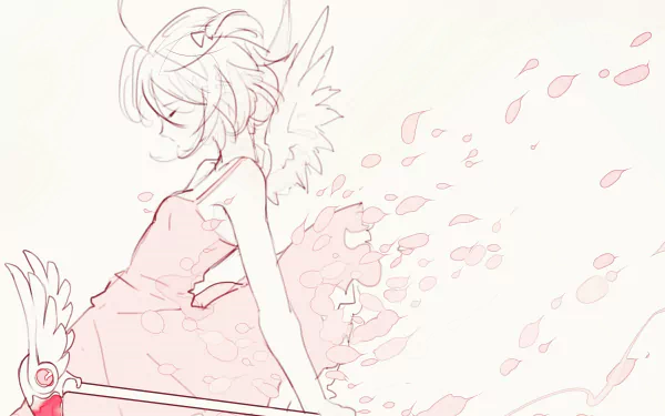 Sketch-style pink line art of Sakura Kinomoto from Cardcaptor Sakura, floating with winged staff and drifting petals — 2K Quad HD PC desktop wallpaper/background.