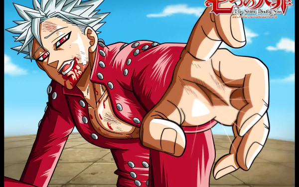 HD desktop wallpaper featuring Ban from the anime The Seven Deadly Sins. Ban is shown wearing a red jacket, reaching out with a determined expression against a blue sky and arena backdrop.