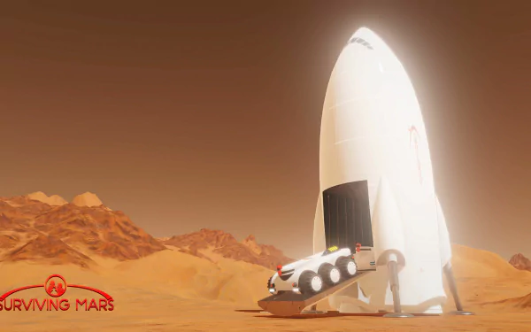 HD desktop wallpaper of Surviving Mars featuring a spacecraft on the Martian surface with mountains in the background.